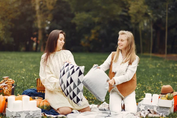 Meninas elegantes e elegantes sentadas em um parque de outono — Fotografia de Stock