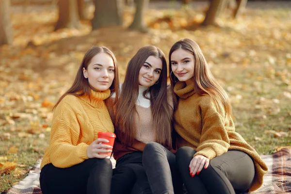 Chicas sentadas en una manta en un parque de otoño —  Fotos de Stock