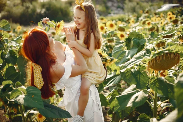 Mooi en schattig gezin in een veld met zonnebloemen — Stockfoto