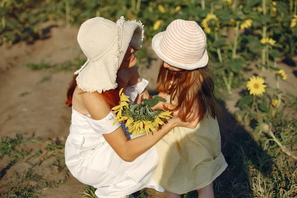 Schöne und niedliche Familie auf einem Feld mit Sonnenblumen — Stockfoto