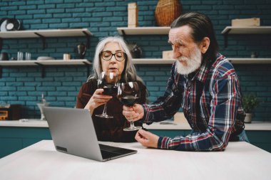 Mutfakta dizüstü bilgisayar kullanan mutlu yaşlı çift.