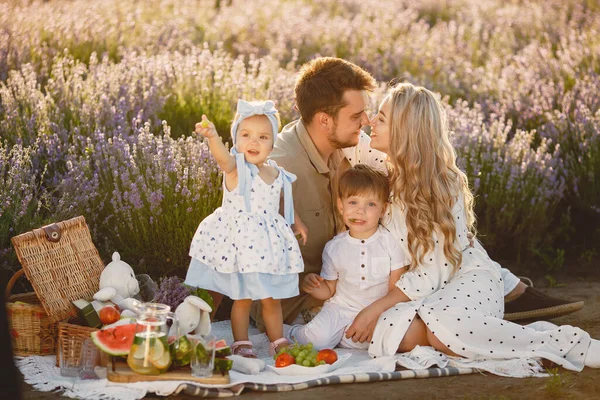 Große Familie beim Picknick in einem Lavendelfeld — Stockfoto