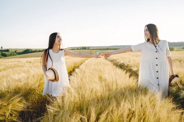 Retrato de dos hermanas en vestidos blancos con pelo largo en un campo — Foto de Stock