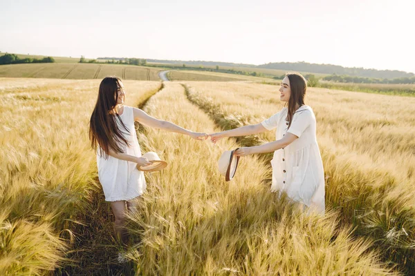 Retrato de dos hermanas en vestidos blancos con pelo largo en un campo — Foto de Stock
