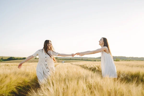 Retrato de dos hermanas en vestidos blancos con pelo largo en un campo —  Fotos de Stock