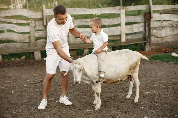 Família passar tempo juntos lá fora com uma cabra — Fotografia de Stock