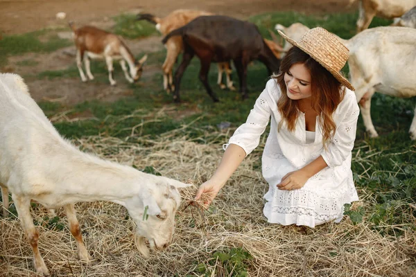 염소와 함께 있는 행복 한 젊은 여자의 사진 — 스톡 사진