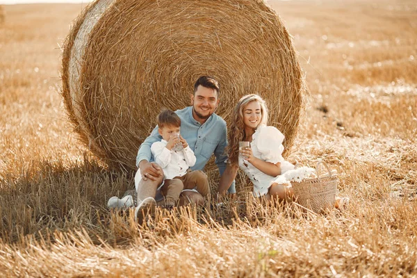 Семья на пикнике на пшеничном поле — стоковое фото