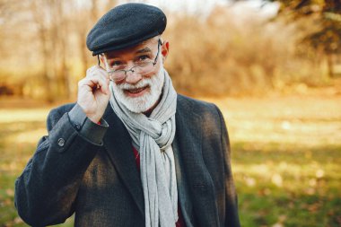 Güneşli bir sonbahar parkta zarif yaşlı adam