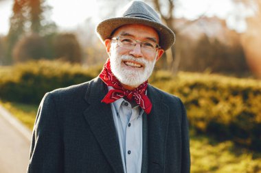 Güneşli bir sonbahar parkta zarif yaşlı adam