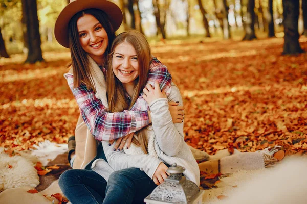 Όμορφα κορίτσια διασκεδάζουν σε ένα πάρκο φθινοπωρινού — Φωτογραφία Αρχείου