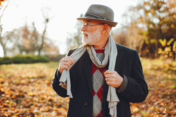 Vieil homme élégant dans un parc d'automne ensoleillé — Photo