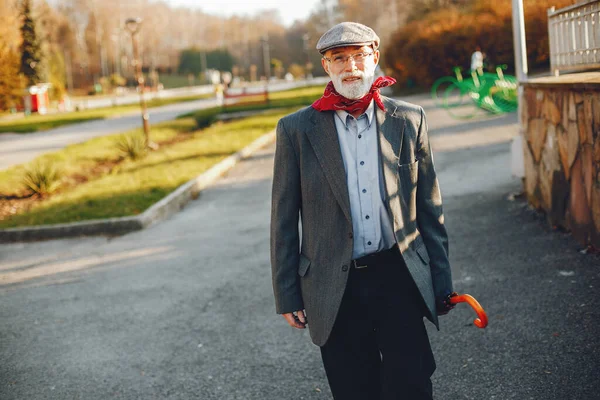 Vieil homme élégant dans un parc d'automne ensoleillé — Photo