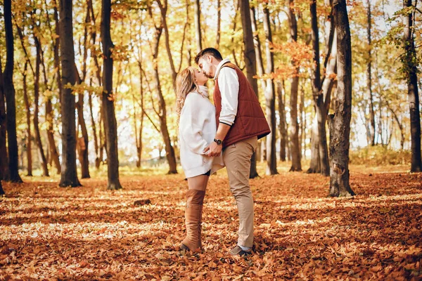 一对优雅的情侣在一个阳光灿烂的秋天公园里 — 图库照片