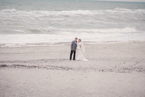 参加婚礼的但在海滩上的冬天 — 图库照片
