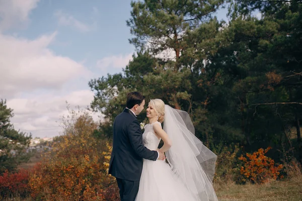 Couple in the woods & city — Stock Photo, Image