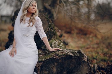 Altın sonbahar doğada yürüyüş gelin