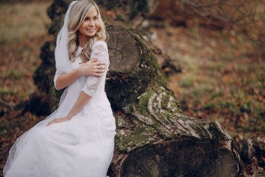 Altın sonbahar doğada yürüyüş gelin