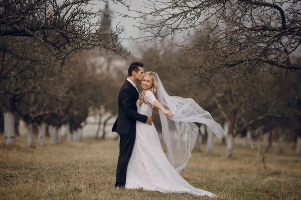 Bride walking in golden autumn nature — Stock Photo, Image