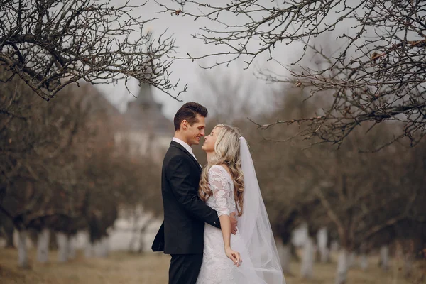 Mariée marche dans la nature d'automne doré — Photo