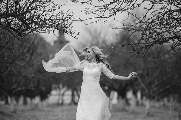 Невеста, идущая золотой осенью — стоковое фото