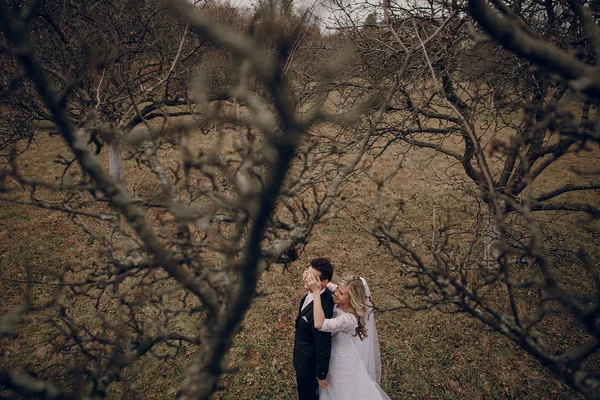 Sposa passeggiando nella natura dorata d'autunno — Foto Stock