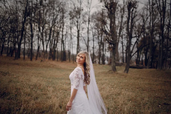 Bride walking in golden autumn nature — Stock Photo, Image