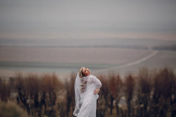 Sposa passeggiando nella natura dorata d'autunno — Foto Stock