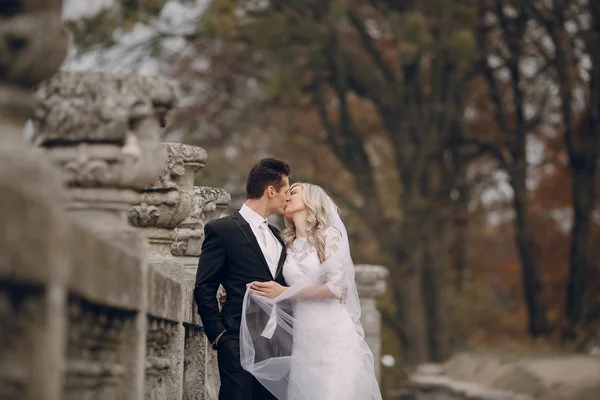 Bride walking in golden autumn nature — Stock Photo, Image