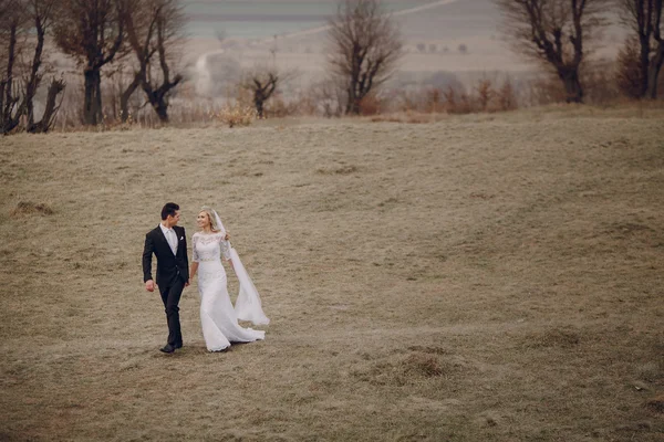 Sposa passeggiando nella natura dorata d'autunno — Foto Stock