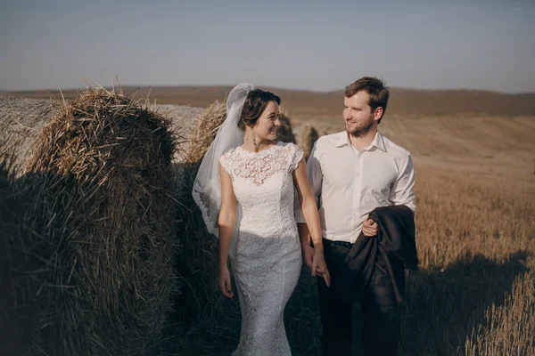 Happy wedding couple in a field — Stock Photo, Image