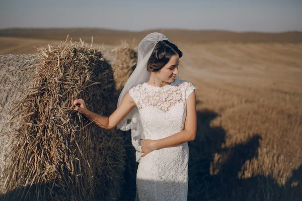 Glückliches Hochzeitspaar auf einem Feld — Stockfoto