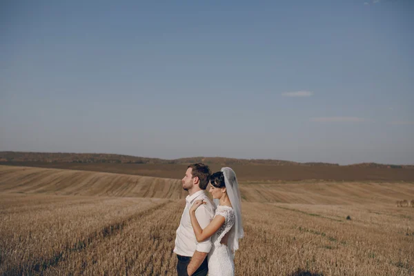 Šťastný Svatební pár v poli — Stock fotografie