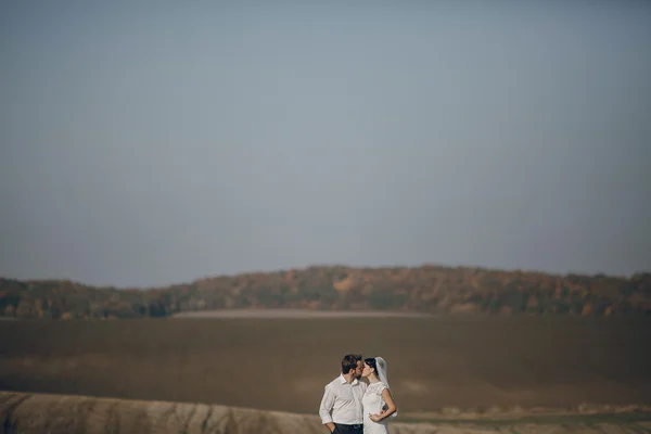 Happy wedding couple in a field — Stock Photo, Image