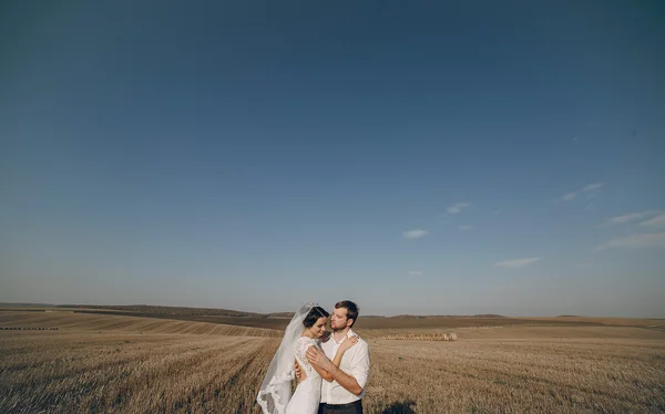 フィールドで幸せな結婚式のカップル — ストック写真