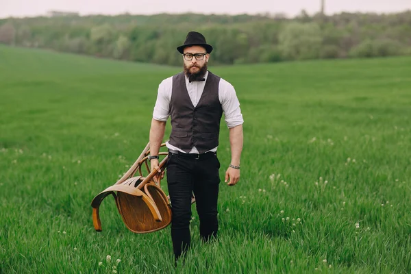 Beard man in field lonley — Stock Photo, Image