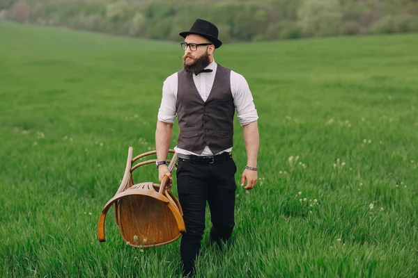 Beard man in field lonley — Stock Photo, Image