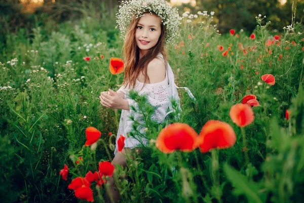 Beautiful little girl posing   skirt in  wreath of poppies — Stock Photo, Image