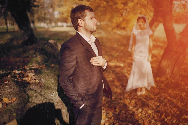 Hochzeitspaar verliebt im Freien — Stockfoto