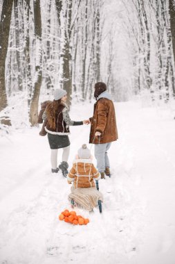 Aileler çocuklarıyla birlikte kar tatilinde ormanda eğleniyorlar. Küçük kızımız ve oğlumuz sıcak kıyafetler giydiği için çok mutluyuz. Anne ve baba kızakla kızağa biniyorlar..