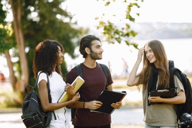 Group of international students standing together in park at university. African and caucasian girls and indian boy talking outdoors. Three friends disscussing about education.