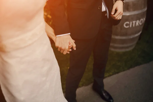 Wedding beautiful blond couple in restaurant — Stock Photo, Image