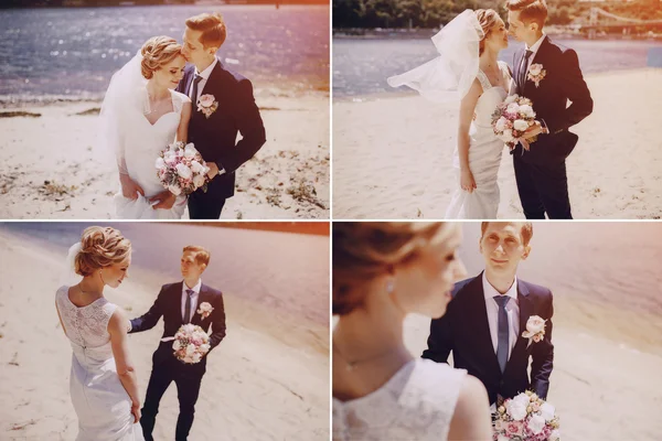 Pareja en la playa del lago — Foto de Stock