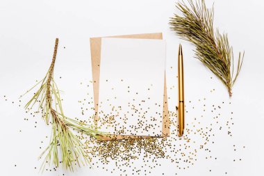 Zarflı boş not, ladin dalı ve beyaz arka planda altın kalem.