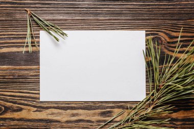 Ahşap arkaplanda köknar dalı olan boş bir not