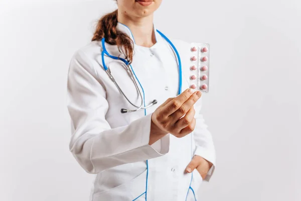 Doctor Stethoscope Gives Pill His Hand Nurse Gives Dose Drug — Stock Photo, Image