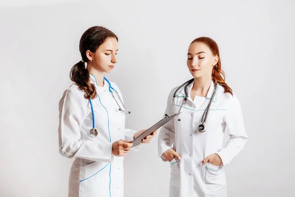 Medical Documents Two Doctors Stethoscope Hospital Nurse Hold Patient Medical — Stock Photo, Image