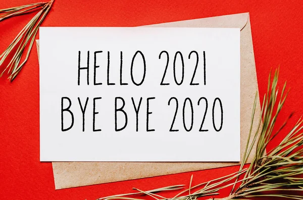 Hello 2021 Bye Bye 2020 Nota Navidad Con Rama Abeto —  Fotos de Stock