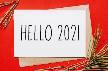 Merhaba 2021 yılbaşı notunda kırmızı izole edilmiş köknar dalı var. Yeni yıl konsepti