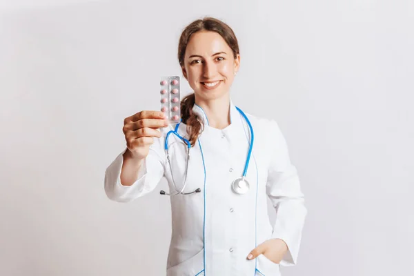 Doctor Stethoscope Gives Pill His Hand Nurse Gives Dose Drug — Stock Photo, Image